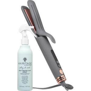 Hairitage Ceramic Tourmaline 2in1 Flat Iron Hair Straightener Curling Iron – 1 1/4 Inch – Airflow Styler + Heat Protectant Spray – Curved Edges – Curling + Straightening – 420 Degree Heat Protection(Go With The Flow 2in1 Styler + ​Play it Cool Heat Protectant​)
