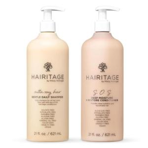 Hairitage Gentle Daily Moisture Shampoo and Conditioner Set – Split End + Bond Strengthening for Dry, Damaged Hair with Jojoba Oil – Anti-Frizz and Color Safe – Cherry + Amber Scent (21oz. 2-pack)