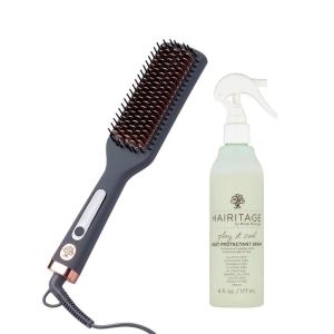 Hairitage Heated Ceramic Straightening Brush for Blowouts – Volumizing + Straightening – Anti-Frizz Blow Dry Brush for Smooth Shiny Hair – One Step Ceramic Tourmaline Hot Styling Brush -All Hair Types(Heated Brush + Heat Protectant)